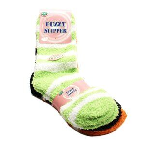 Weitzner Cozy Fuzzy Slipper Socks Green Black Orange Stripe 3 Pair Size 9-11